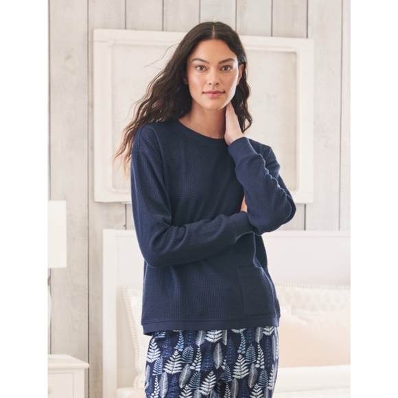 Garnet Hill Organic-Cotton Waffle-Knit Pullover Navy Blue - Picture 1 of 10